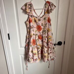 Lottie & Holly Tiered Floral Mini Dress Flutter Sleeve Pink Orange Yellow Boho S